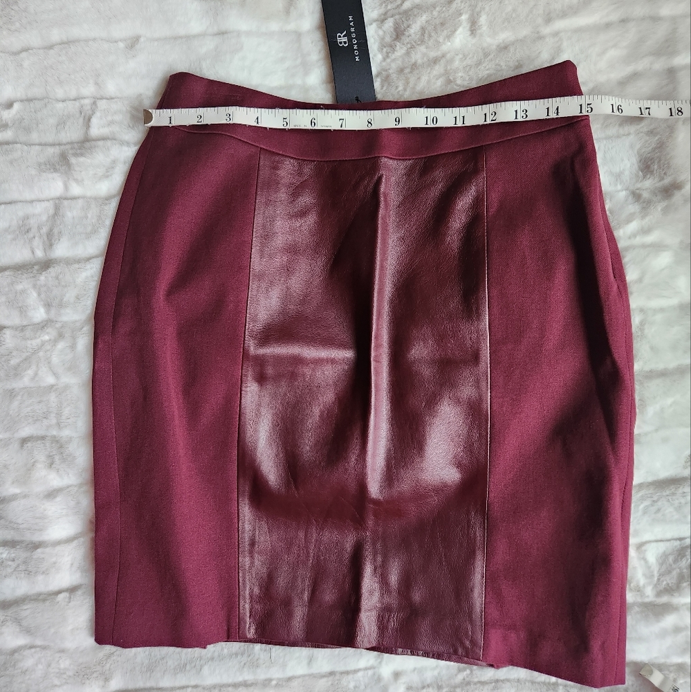 Banana Republic Monogram Skirt Burgundy Genuine Leather Panels Slits Sz 4 NWT